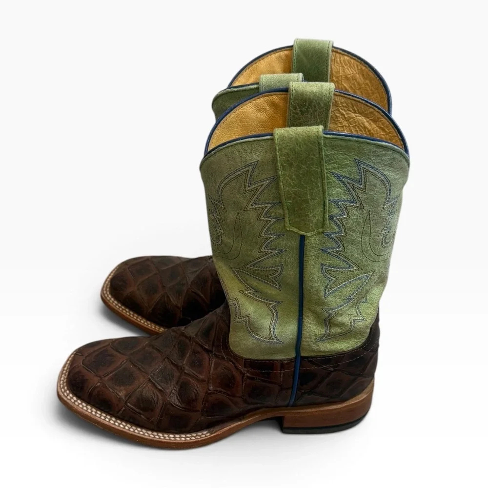 Horse Power Kids Cowboy Boots Brown Fish Print Green leather Square Toe Size 3
